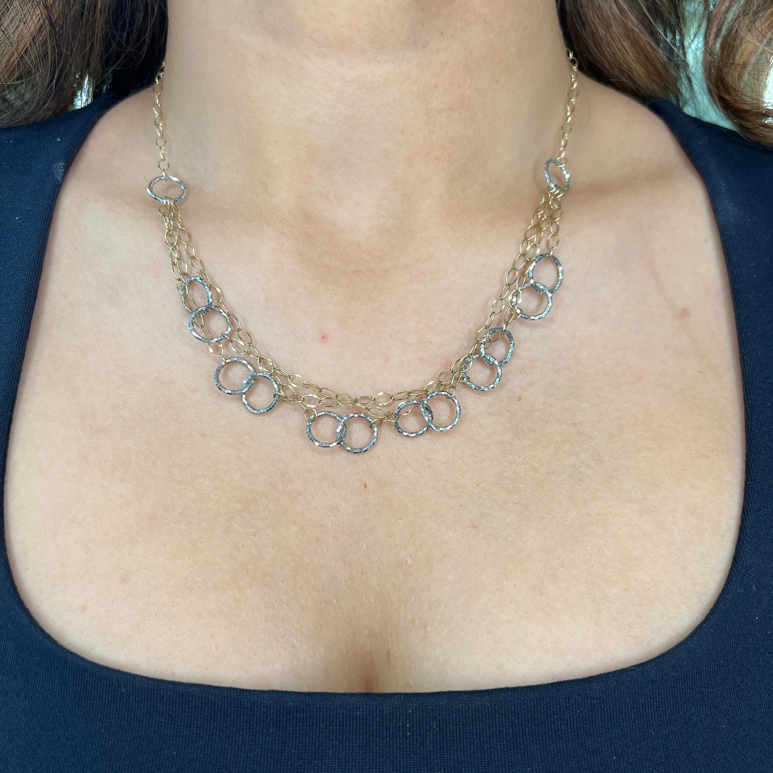 10K Yellow & White Gold Fancy Diamond Cut Circle Necklace