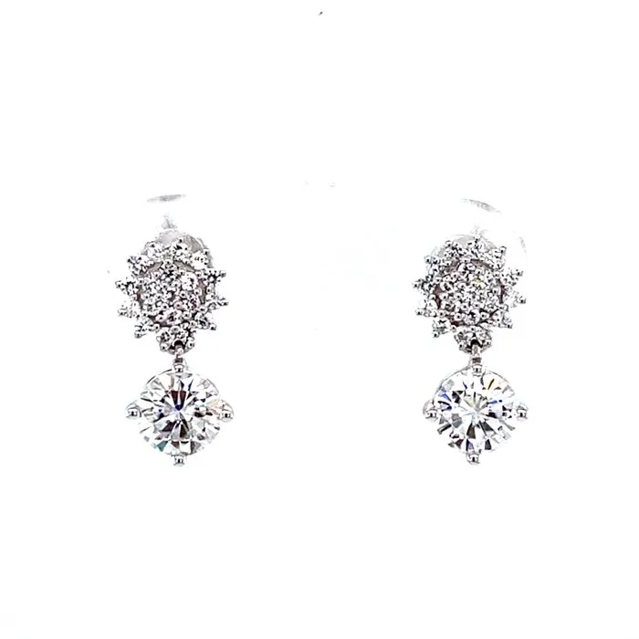 1.25 CTW DEW Moissanite Cluster Halo Drop Stud Earrings in 14K White Gold