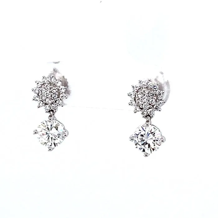 1.25 CTW DEW Moissanite Cluster Halo Drop Stud Earrings in 14K White Gold