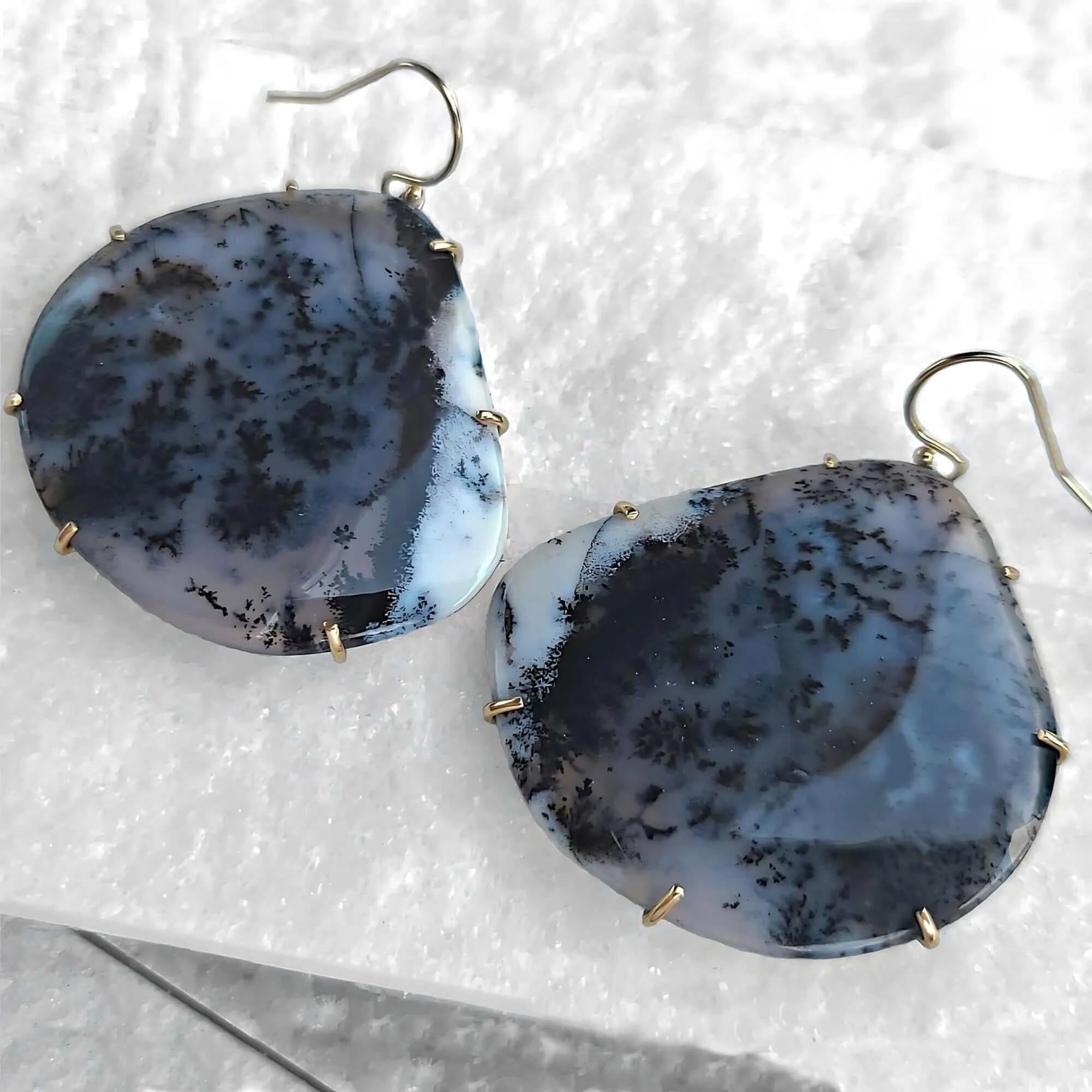 14K Dendritic Agate Earrings in Yellow Gold