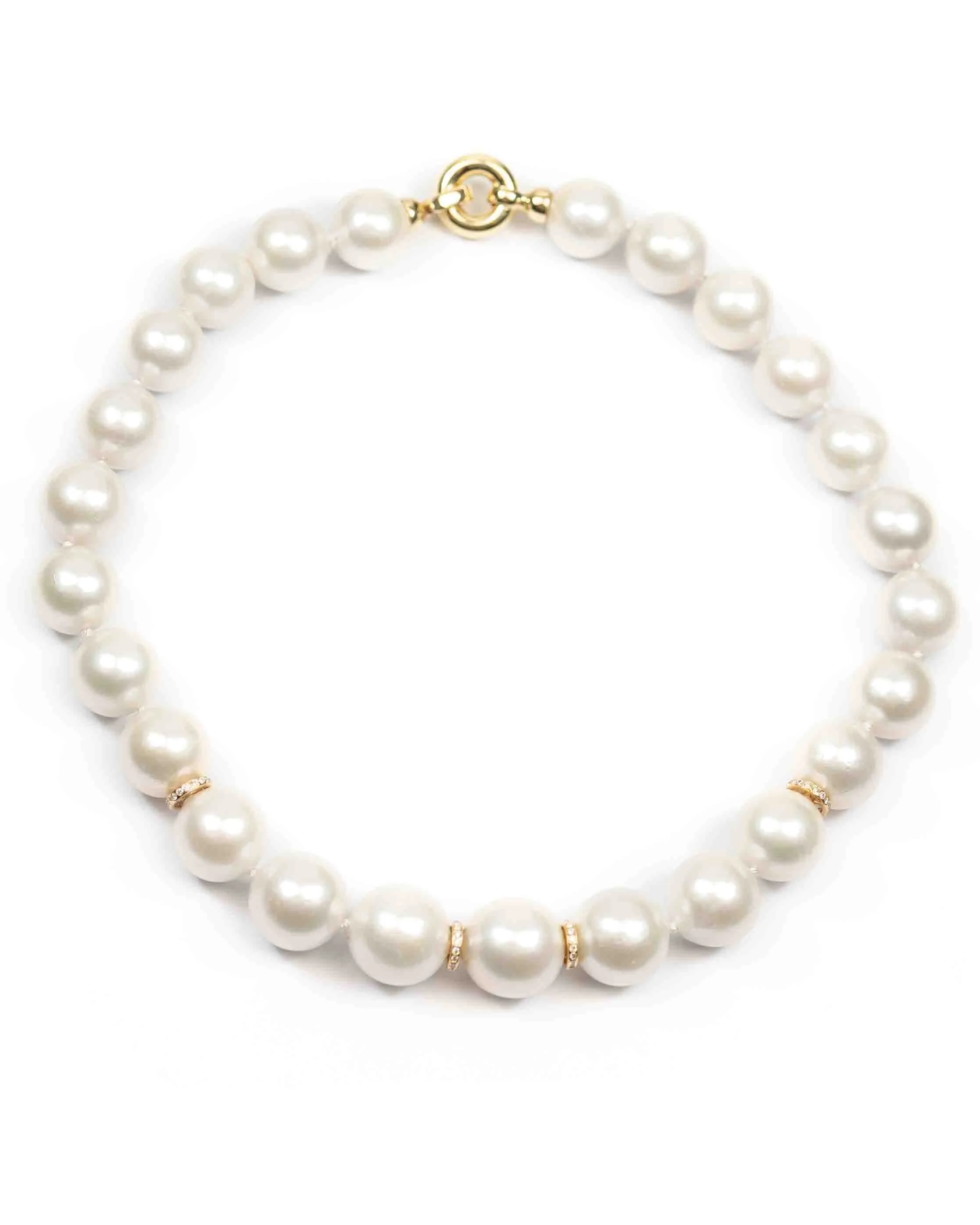 14k Gold & Diamond AAA Natural Freshwater 15mm White Pearl Necklace