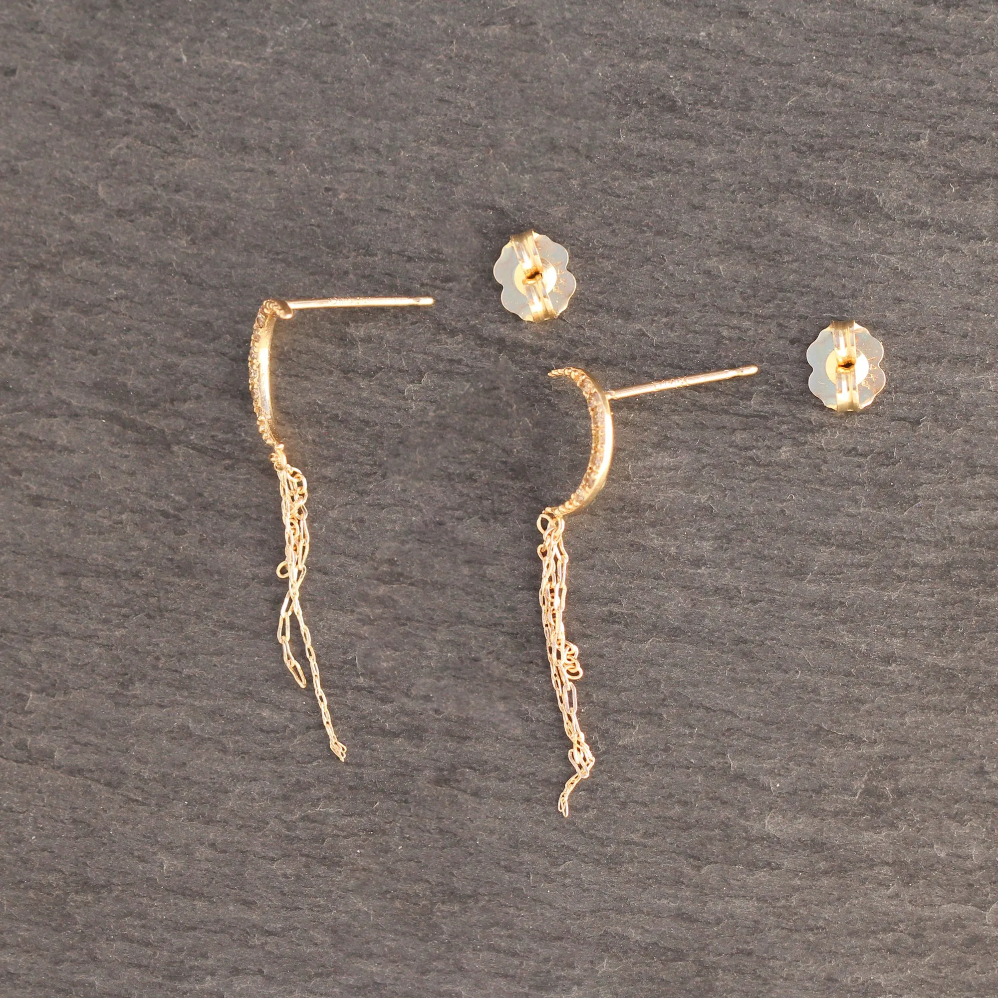 14k Gold   Diamond Chain Drop Crescent Moon Earrings
