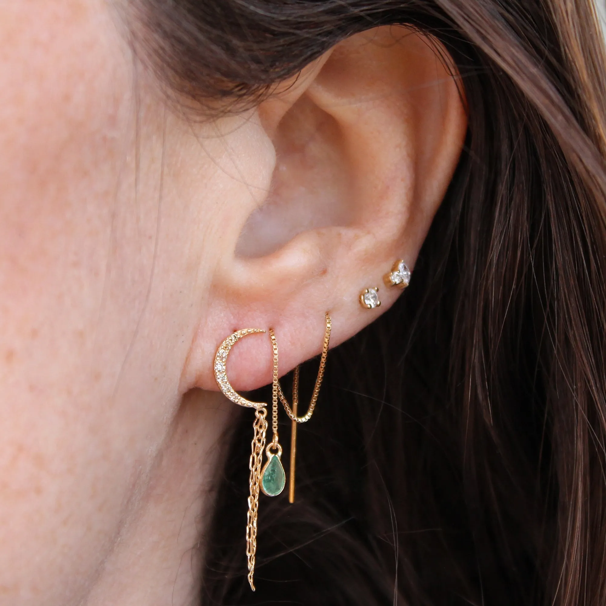 14k Gold   Diamond Chain Drop Crescent Moon Earrings