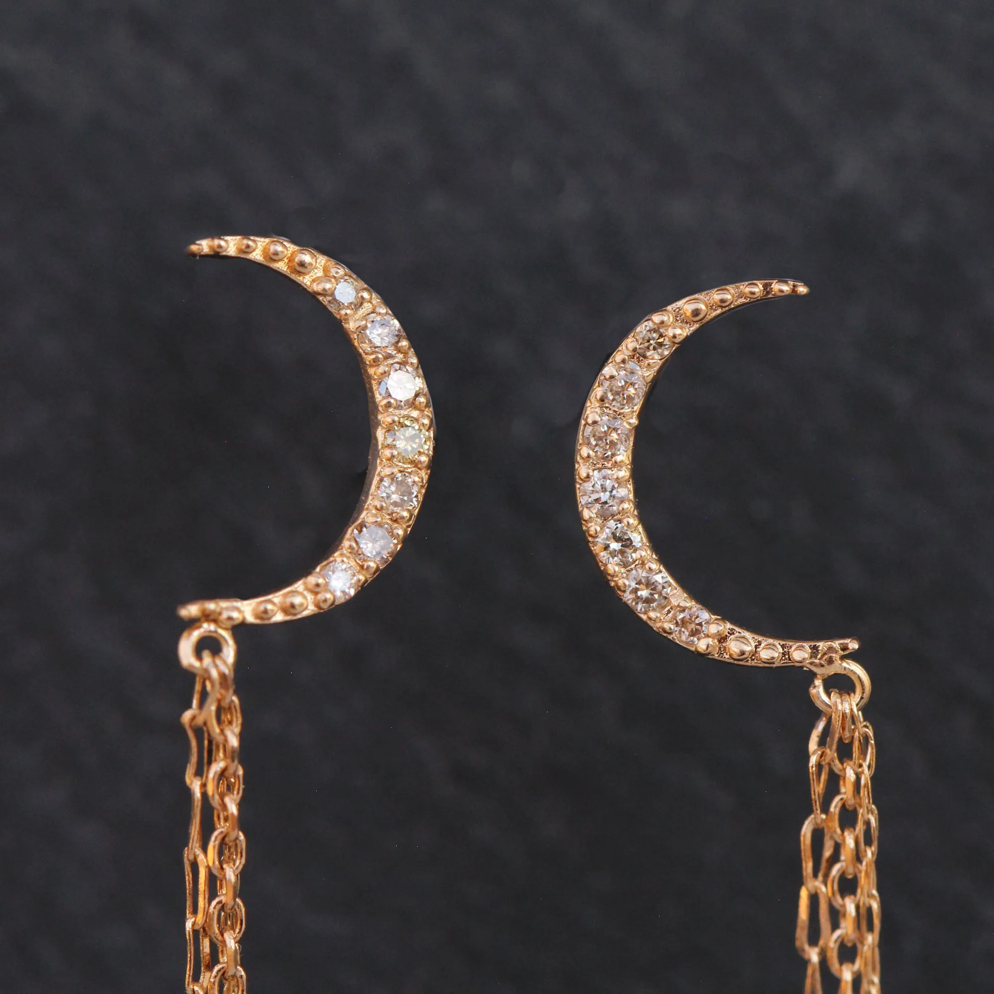 14k Gold   Diamond Chain Drop Crescent Moon Earrings