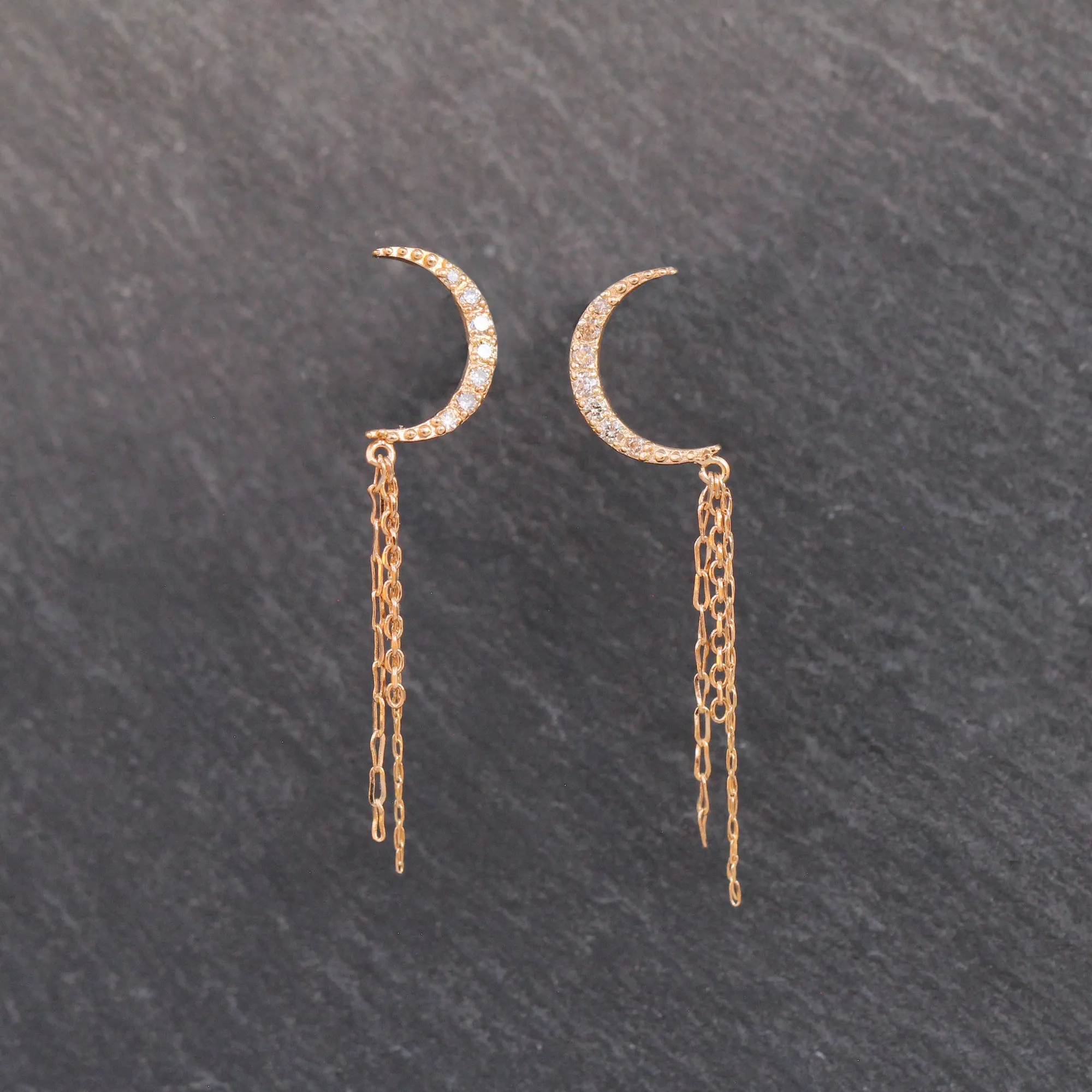 14k Gold   Diamond Chain Drop Crescent Moon Earrings