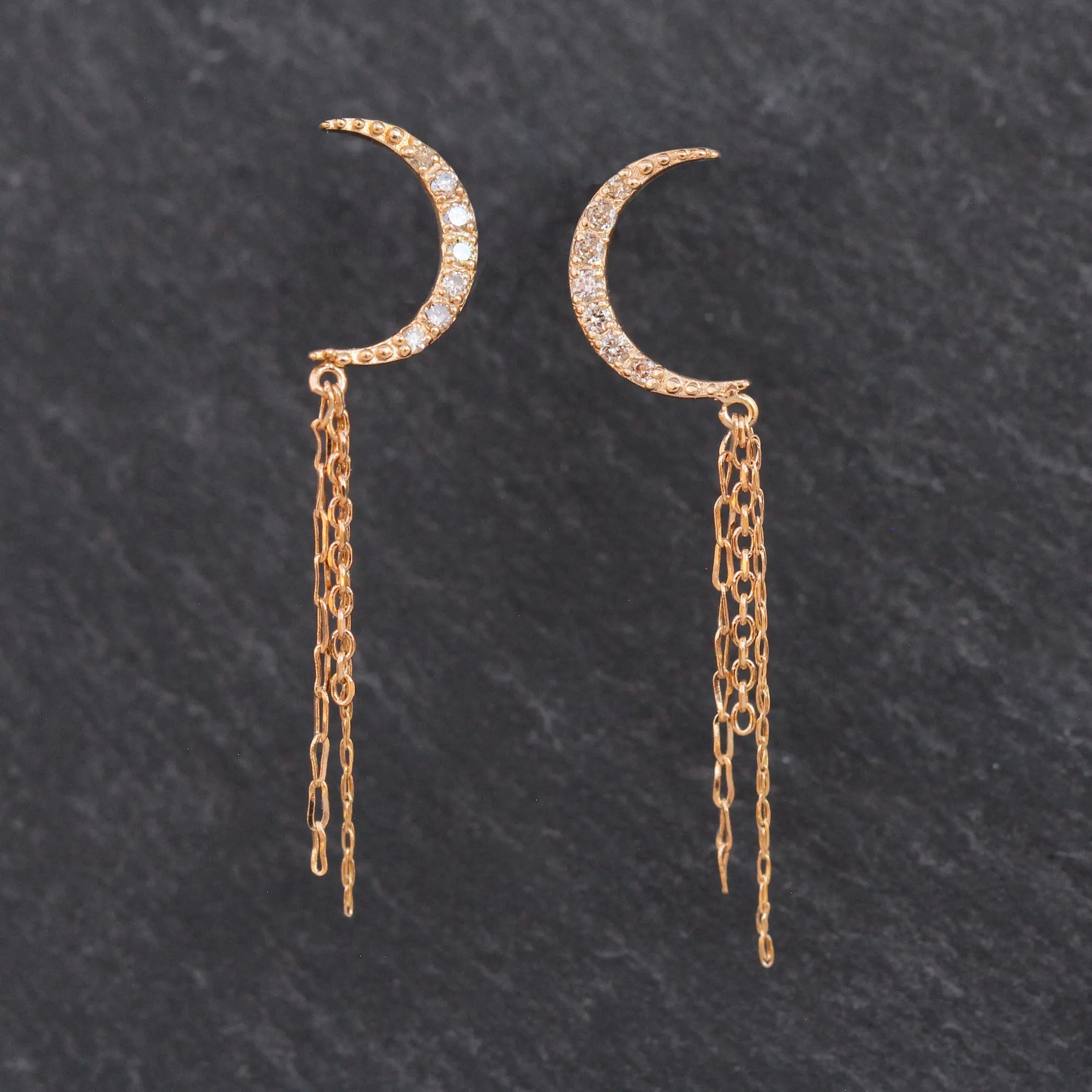 14k Gold   Diamond Chain Drop Crescent Moon Earrings
