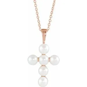 14K Rose Freshwater Cultured Pearl Cross 16-18" Necklace