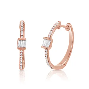 14K Rose Gold Round and Baguette Diamond Hoop Earrings