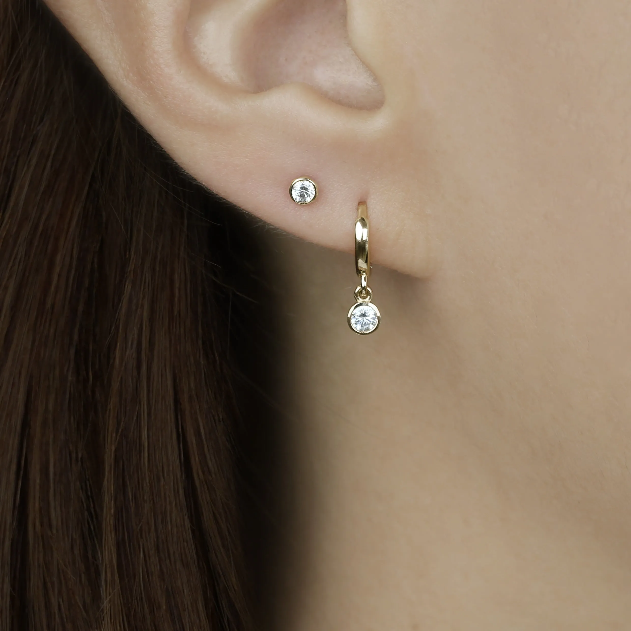 14k Solid Gold CZ Drop Huggie Hoop Earring