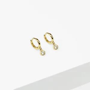 14k Solid Gold CZ Drop Huggie Hoop Earring