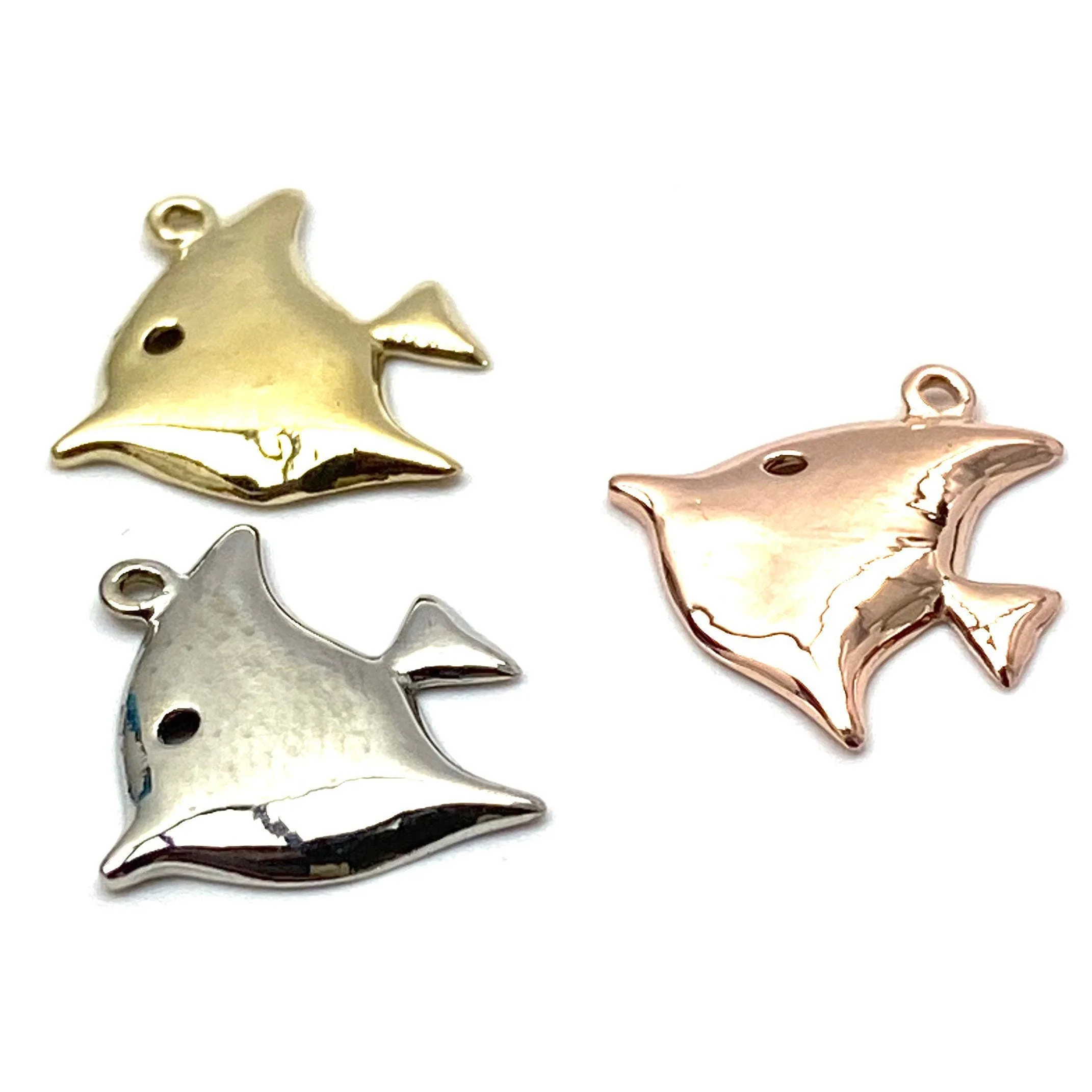 14K solid white gold, yellow gold and rose gold fish charm, SKU# L-11
