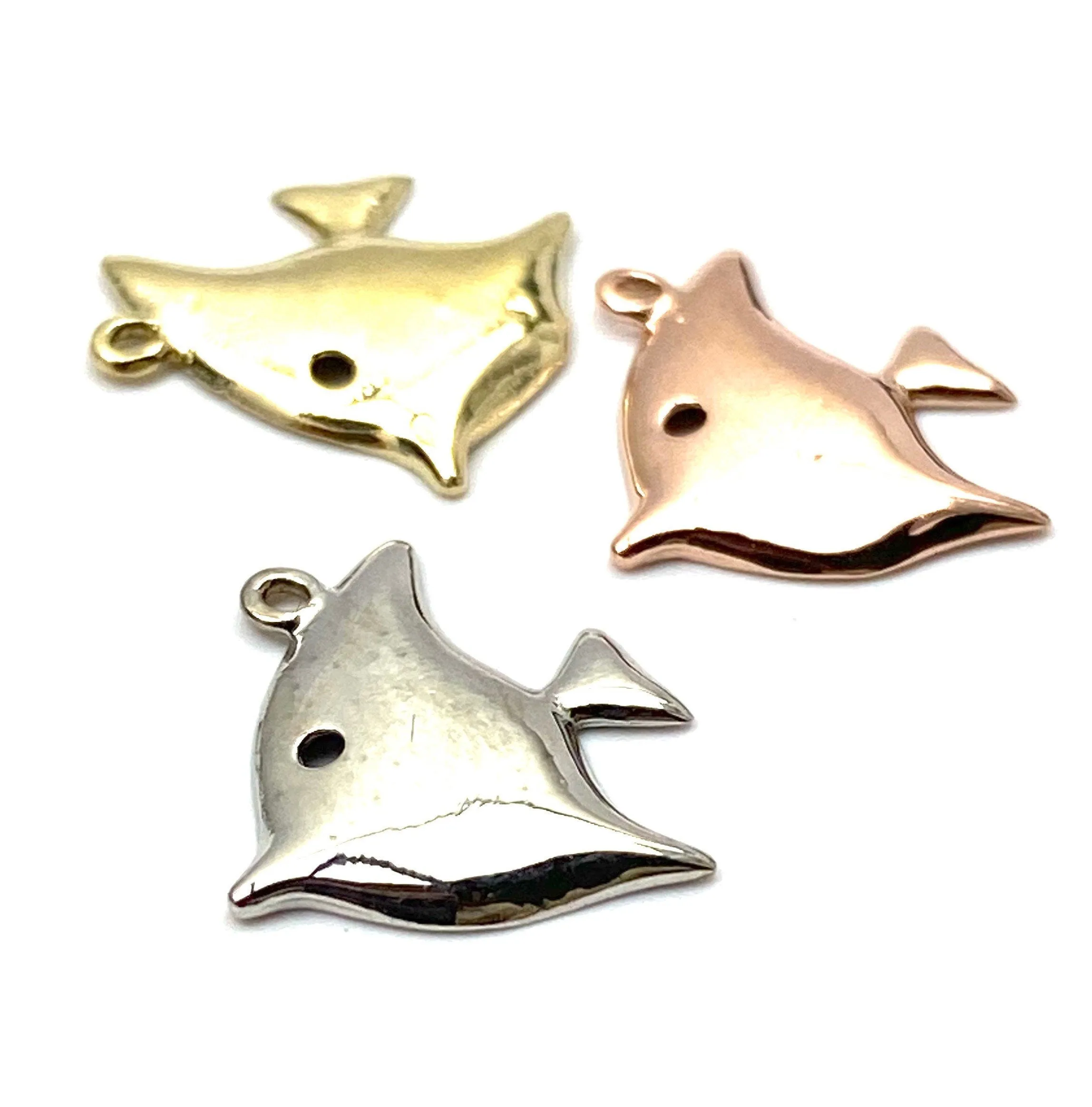 14K solid white gold, yellow gold and rose gold fish charm, SKU# L-11