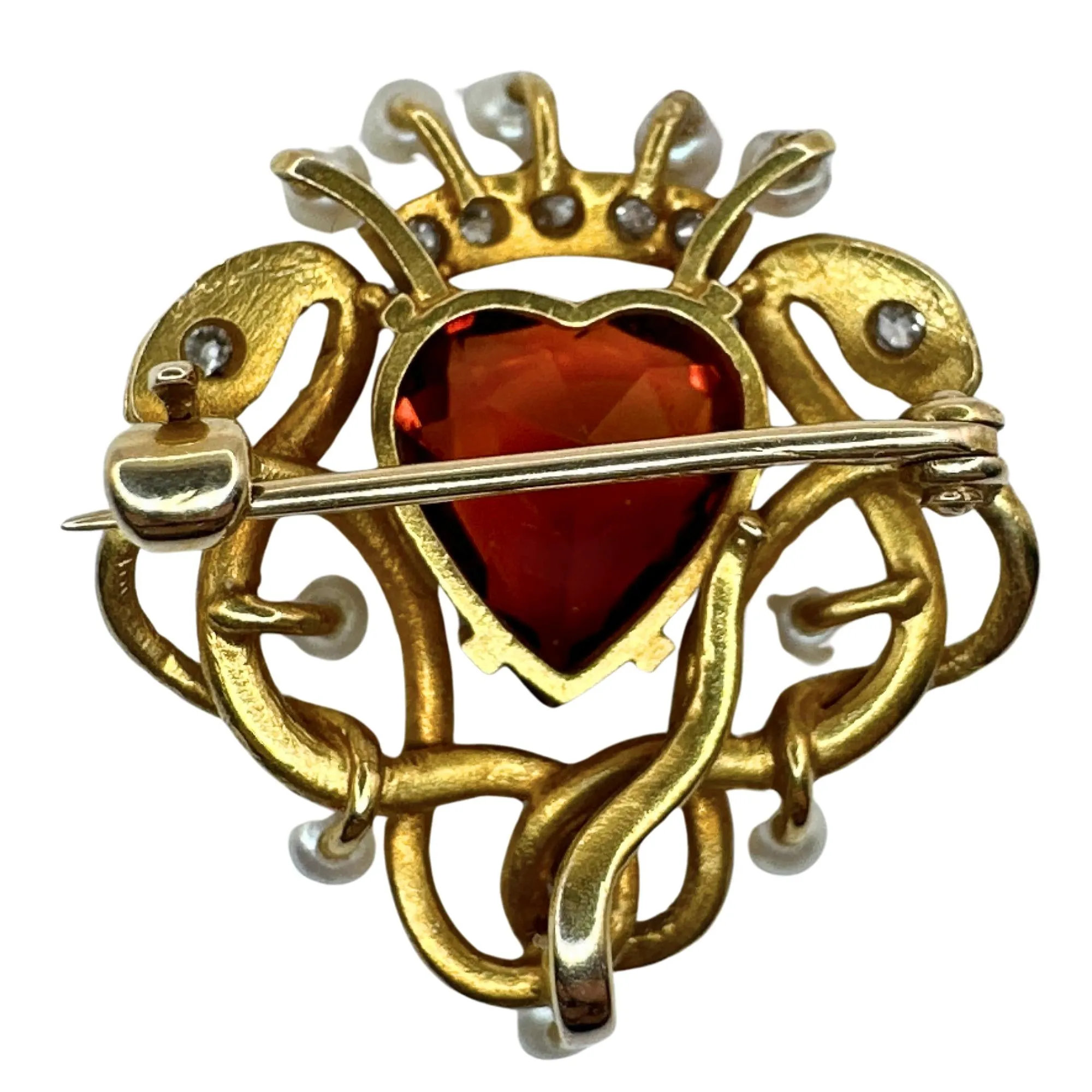 14k Victorian Double Serpent/Snake, Diamond, Madeira Garnet, and Pearl Pin