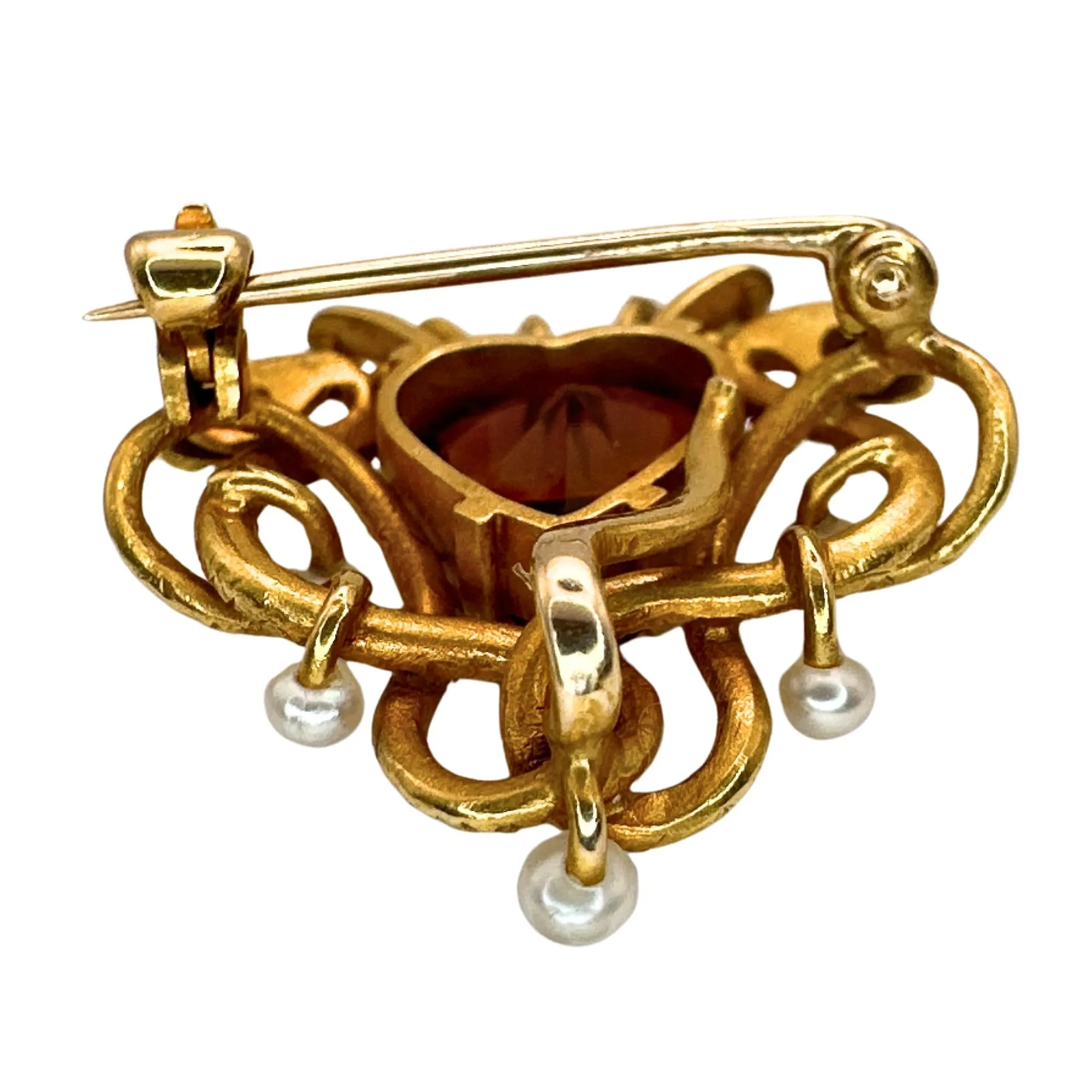 14k Victorian Double Serpent/Snake, Diamond, Madeira Garnet, and Pearl Pin