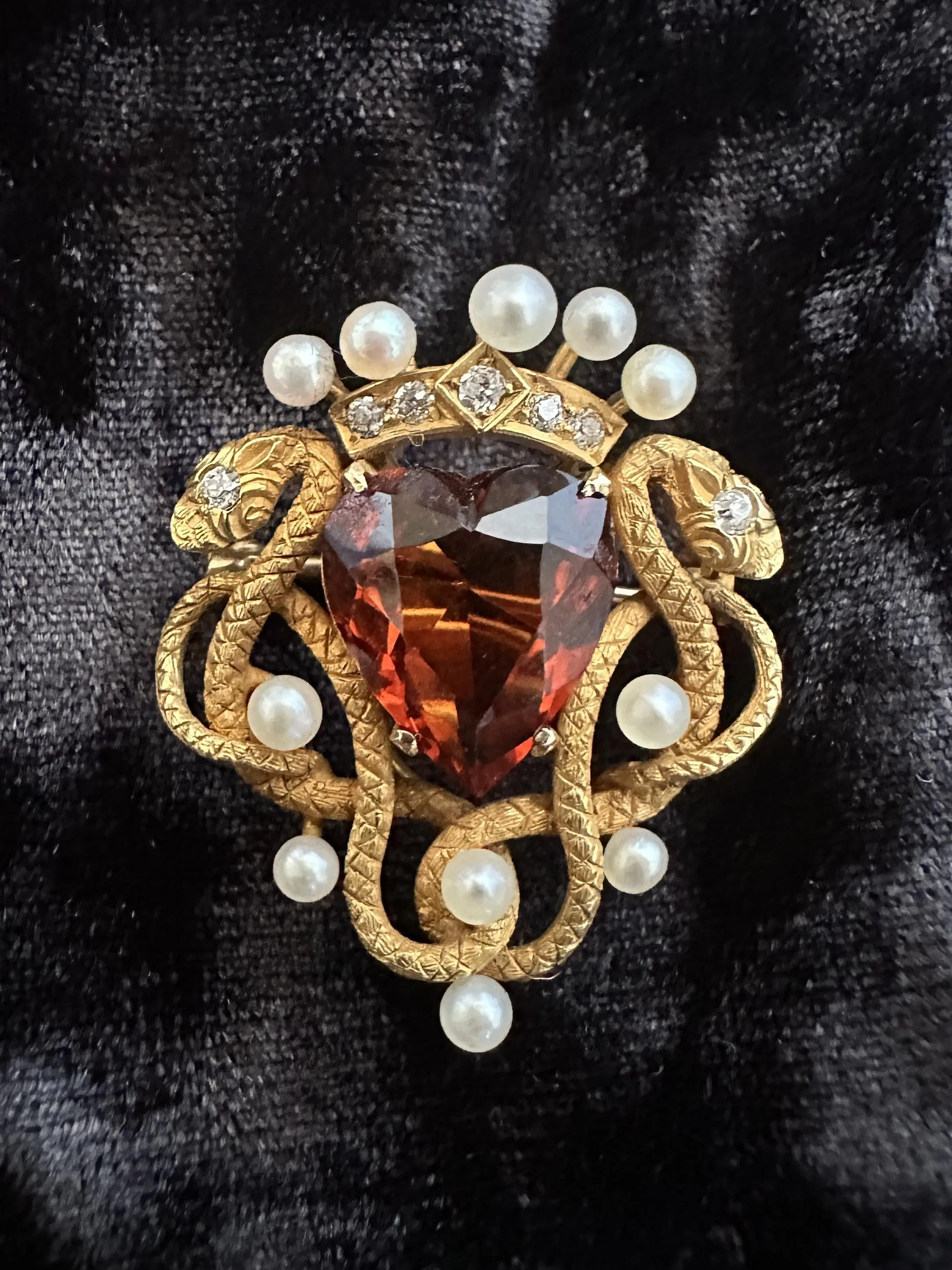 14k Victorian Double Serpent/Snake, Diamond, Madeira Garnet, and Pearl Pin