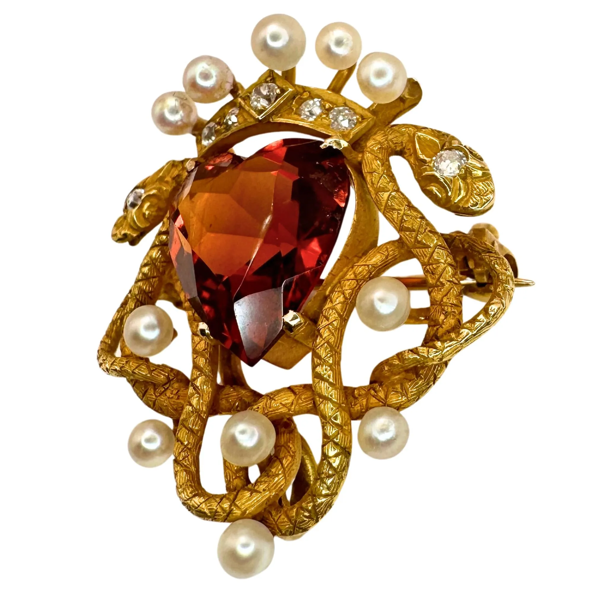 14k Victorian Double Serpent/Snake, Diamond, Madeira Garnet, and Pearl Pin