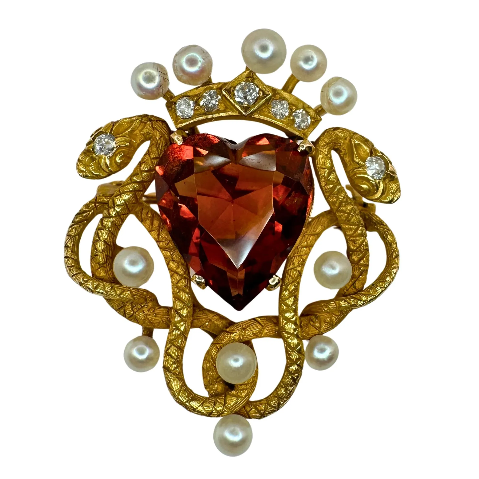 14k Victorian Double Serpent/Snake, Diamond, Madeira Garnet, and Pearl Pin