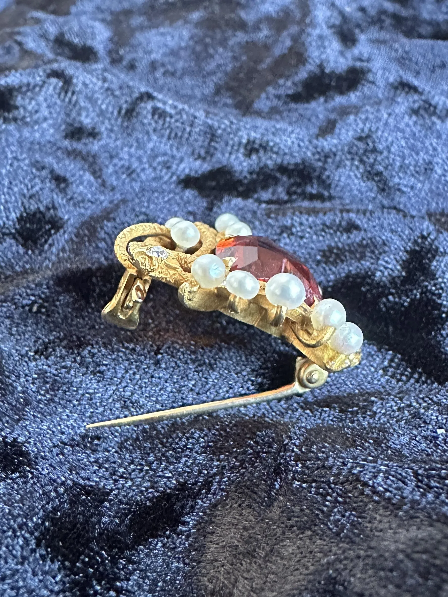 14k Victorian Double Serpent/Snake, Diamond, Madeira Garnet, and Pearl Pin