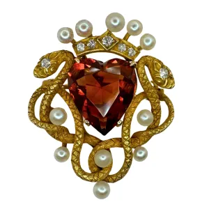 14k Victorian Double Serpent/Snake, Diamond, Madeira Garnet, and Pearl Pin