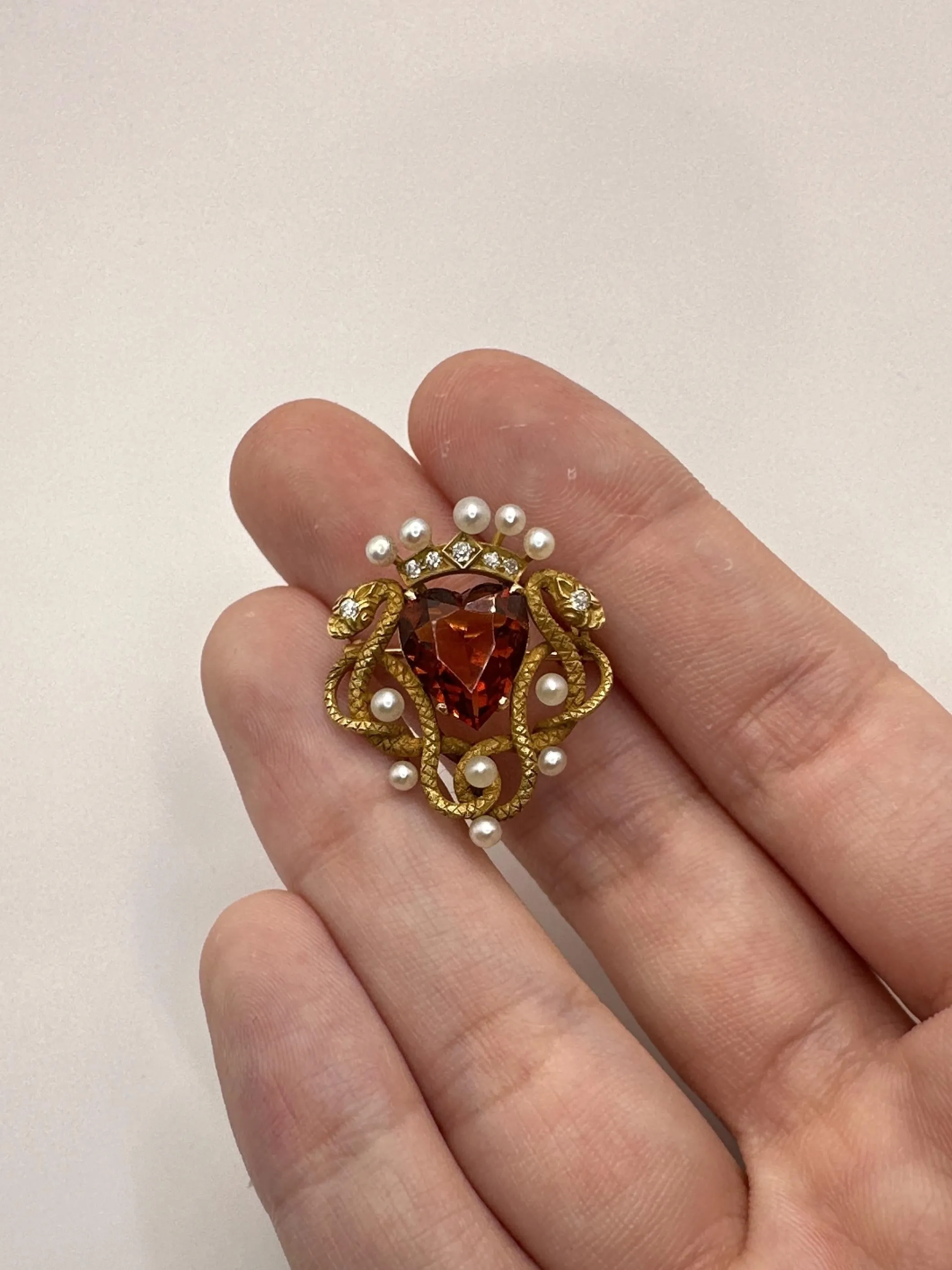 14k Victorian Double Serpent/Snake, Diamond, Madeira Garnet, and Pearl Pin