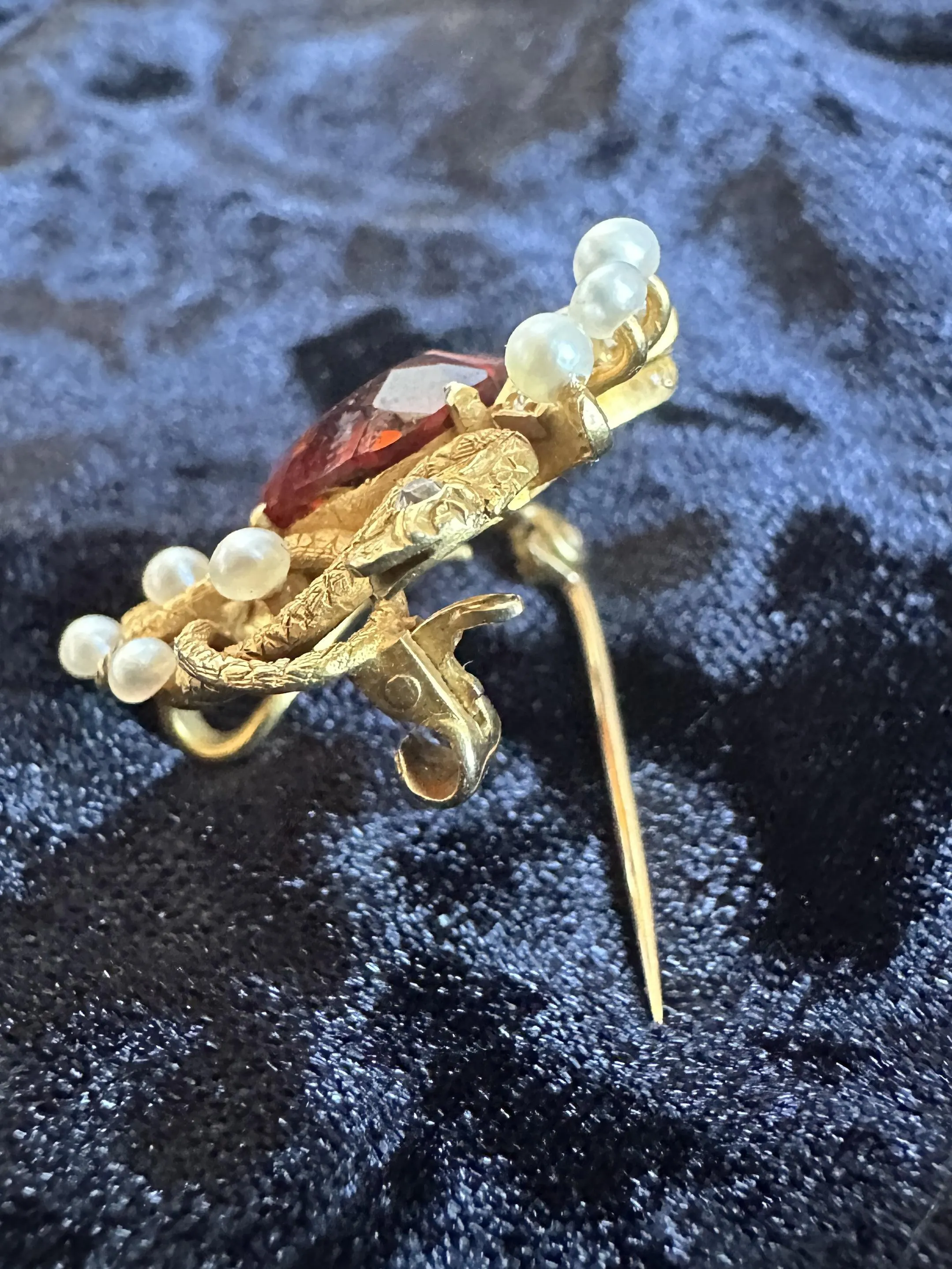 14k Victorian Double Serpent/Snake, Diamond, Madeira Garnet, and Pearl Pin