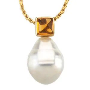 14k White Gold 6mm Citrine & 12mm South Sea Cultured Circle Pearl Pendant