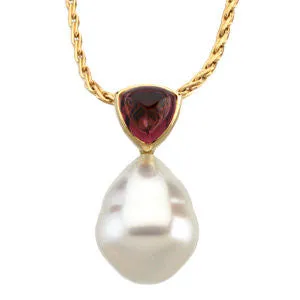 14k White Gold 6mm Rhodolite Garnet & 12mm South Sea Cultured Pearl Pendant