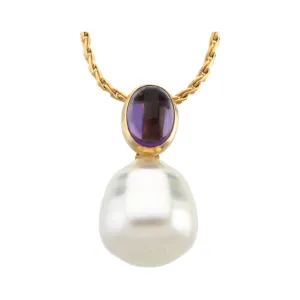 14k White Gold 7X5mm Amethyst & 11mm South Sea Cultured Circle Pearl Pendant