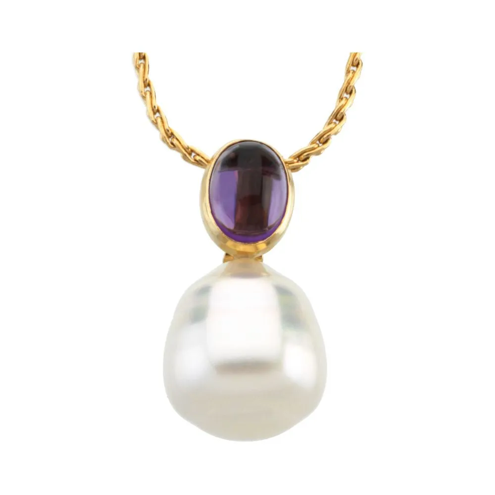 14k White Gold 7X5mm Amethyst & 11mm South Sea Cultured Circle Pearl Pendant