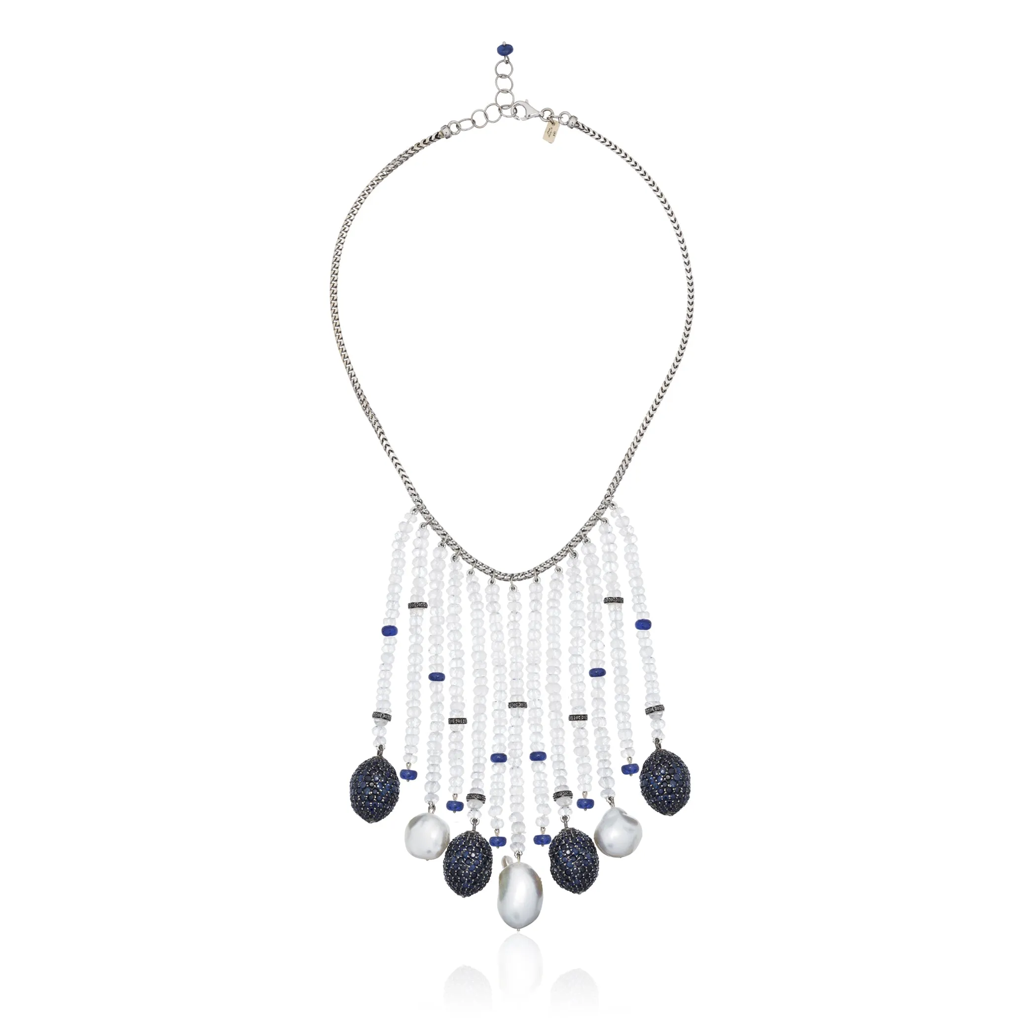 14K White Gold Necklace with Sapphires, Pearls & Moonstones