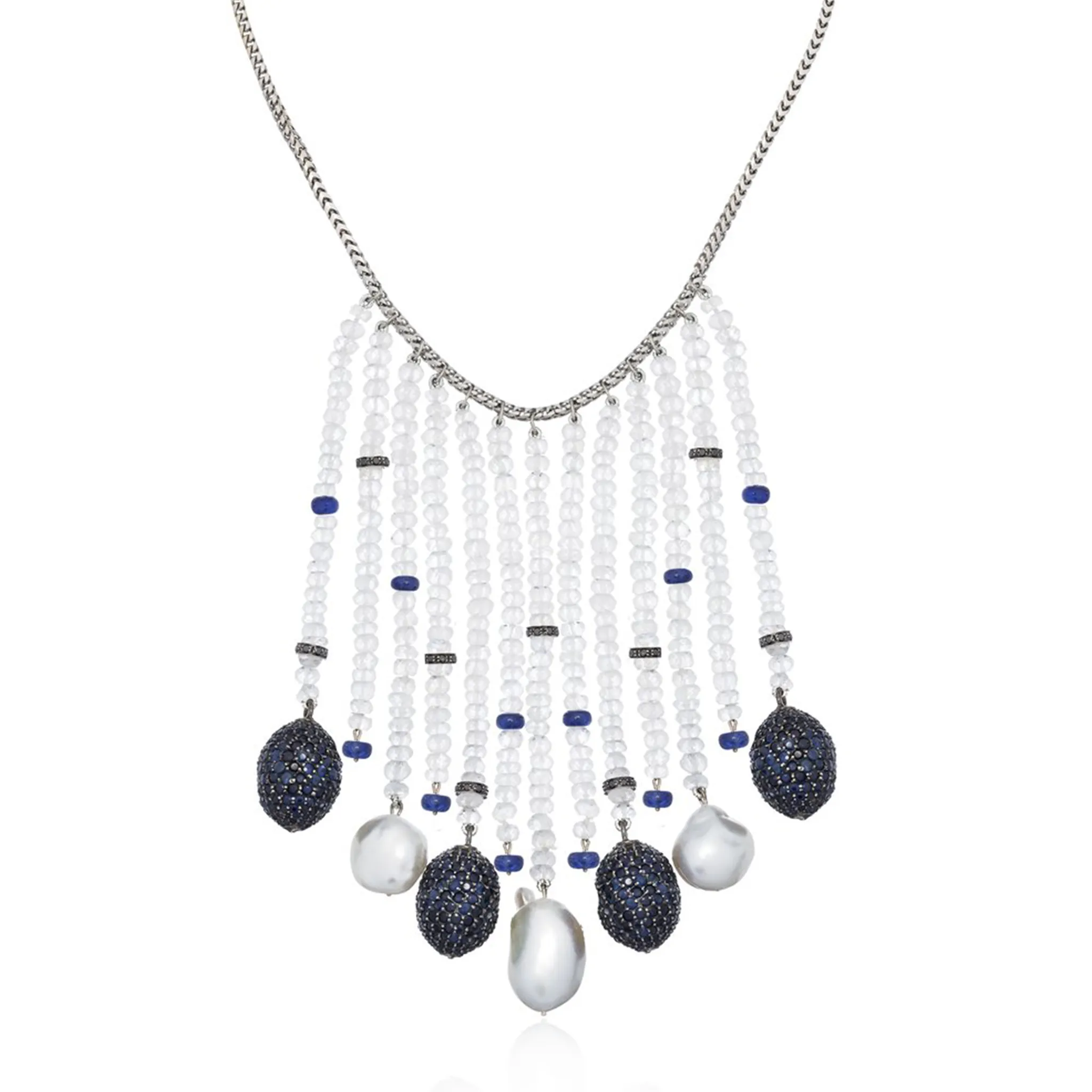 14K White Gold Necklace with Sapphires, Pearls & Moonstones