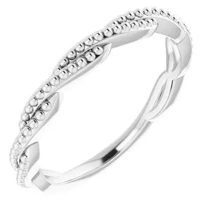 14K White Stackable Twisted Beaded Ring
