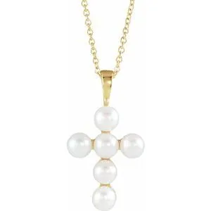 14K Yellow Freshwater Cultured Pearl Cross 16-18" Necklace