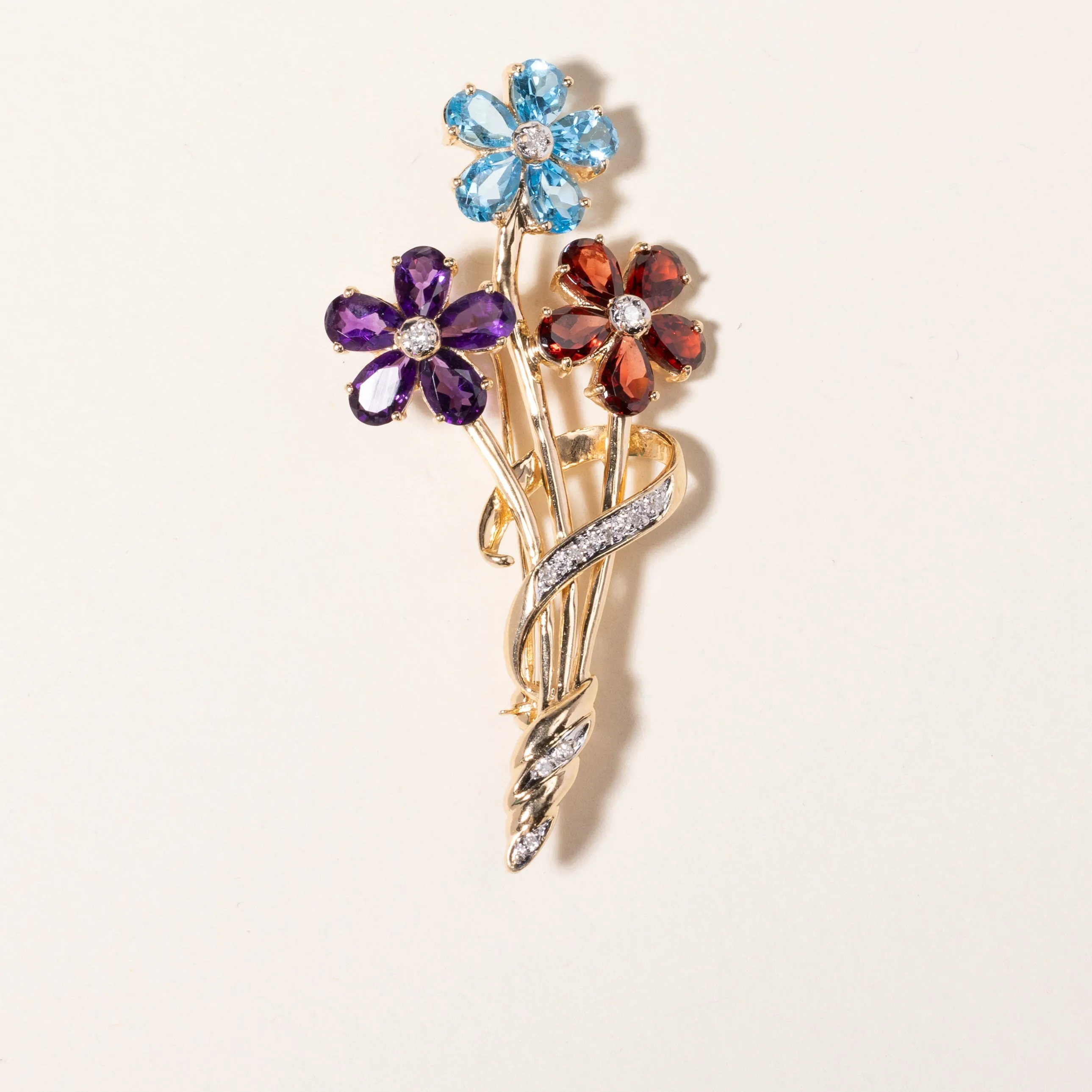 14K Yellow Gold Multi Gemstone & Diamond Floral Brooch | 5.75ctw, 0.06ctw |