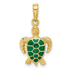 14k Yellow Gold Semi Solid Polished Textured Finish  Green Enameled Sea Turtle Pendant