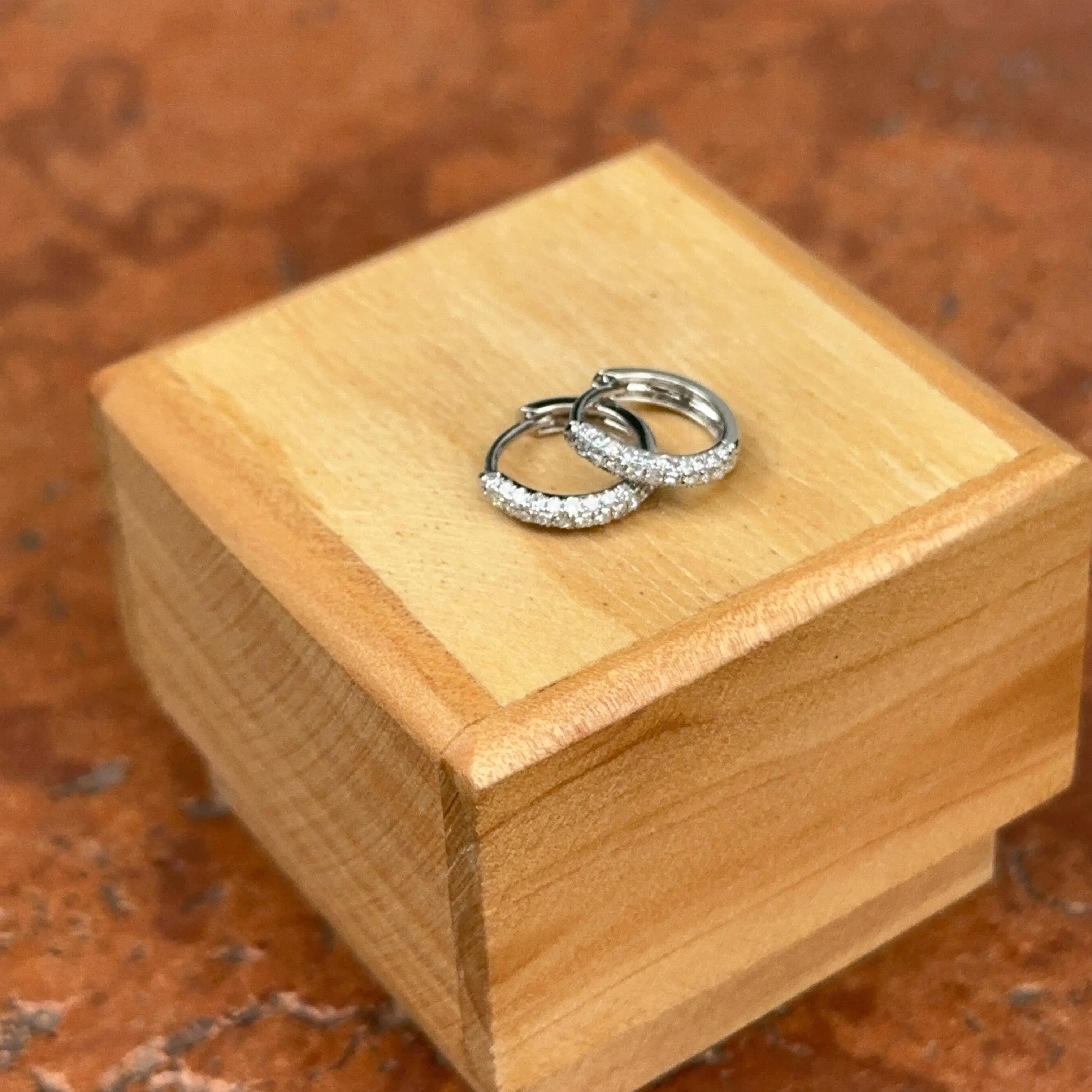 14KT White Gold Natural Pave Diamond Round Huggie Hoop Earrings NEW 2.4mm x 12mm Small Thin Tiny