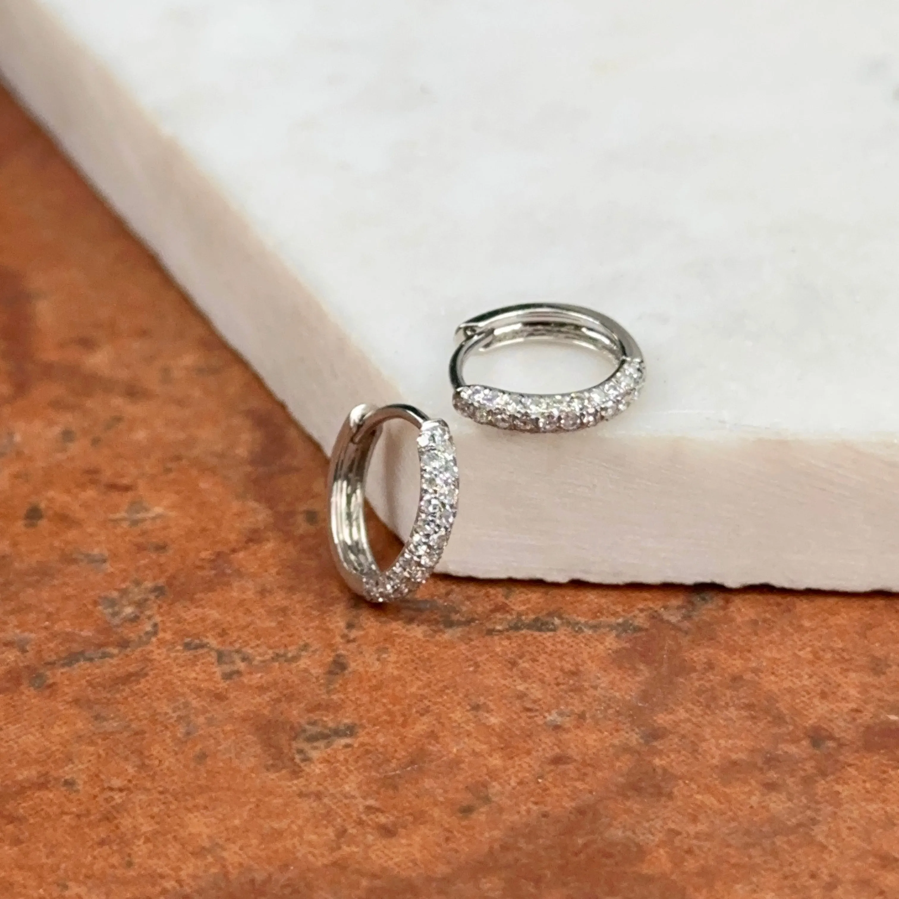 14KT White Gold Natural Pave Diamond Round Huggie Hoop Earrings NEW 2.4mm x 12mm Small Thin Tiny