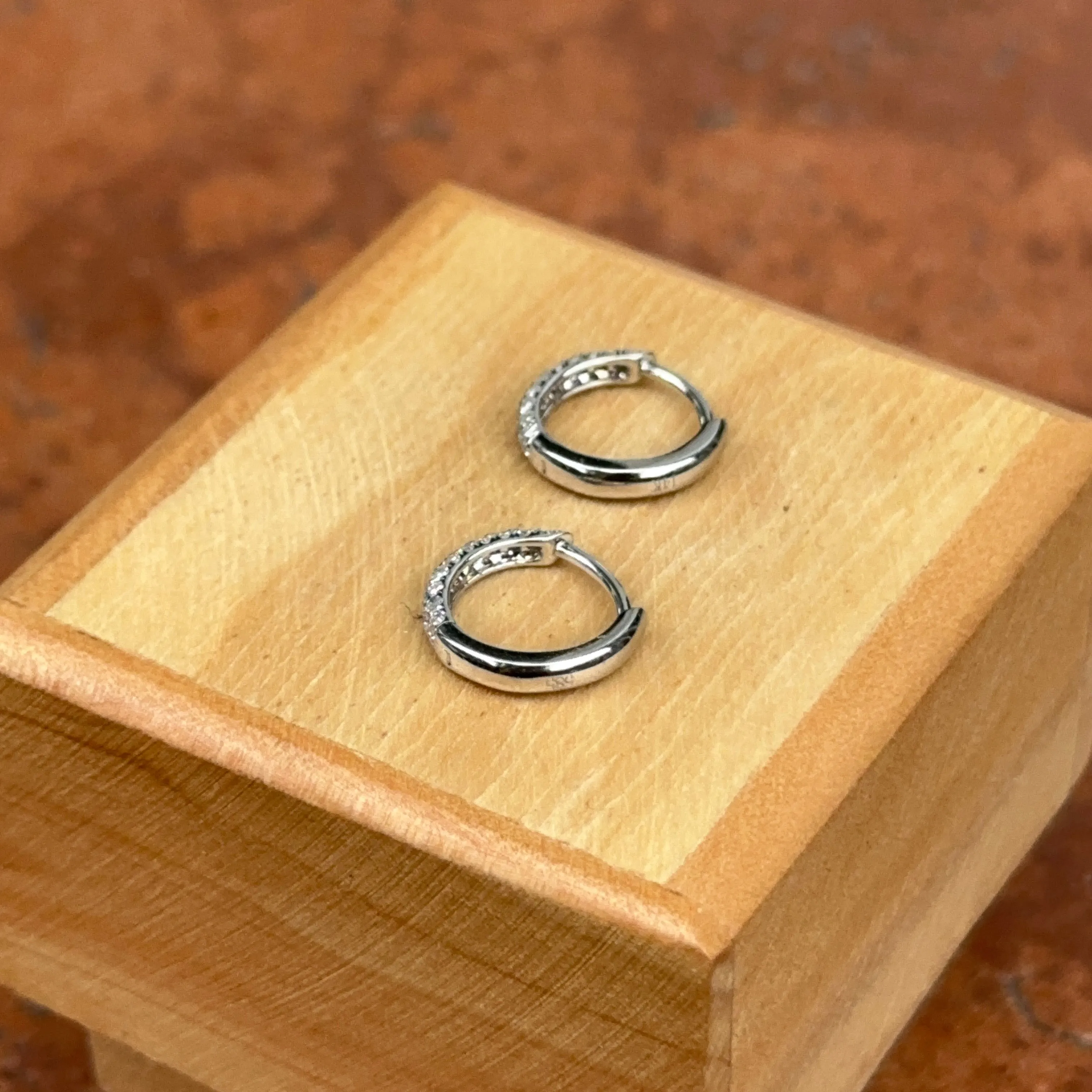 14KT White Gold Natural Pave Diamond Round Huggie Hoop Earrings NEW 2.4mm x 12mm Small Thin Tiny