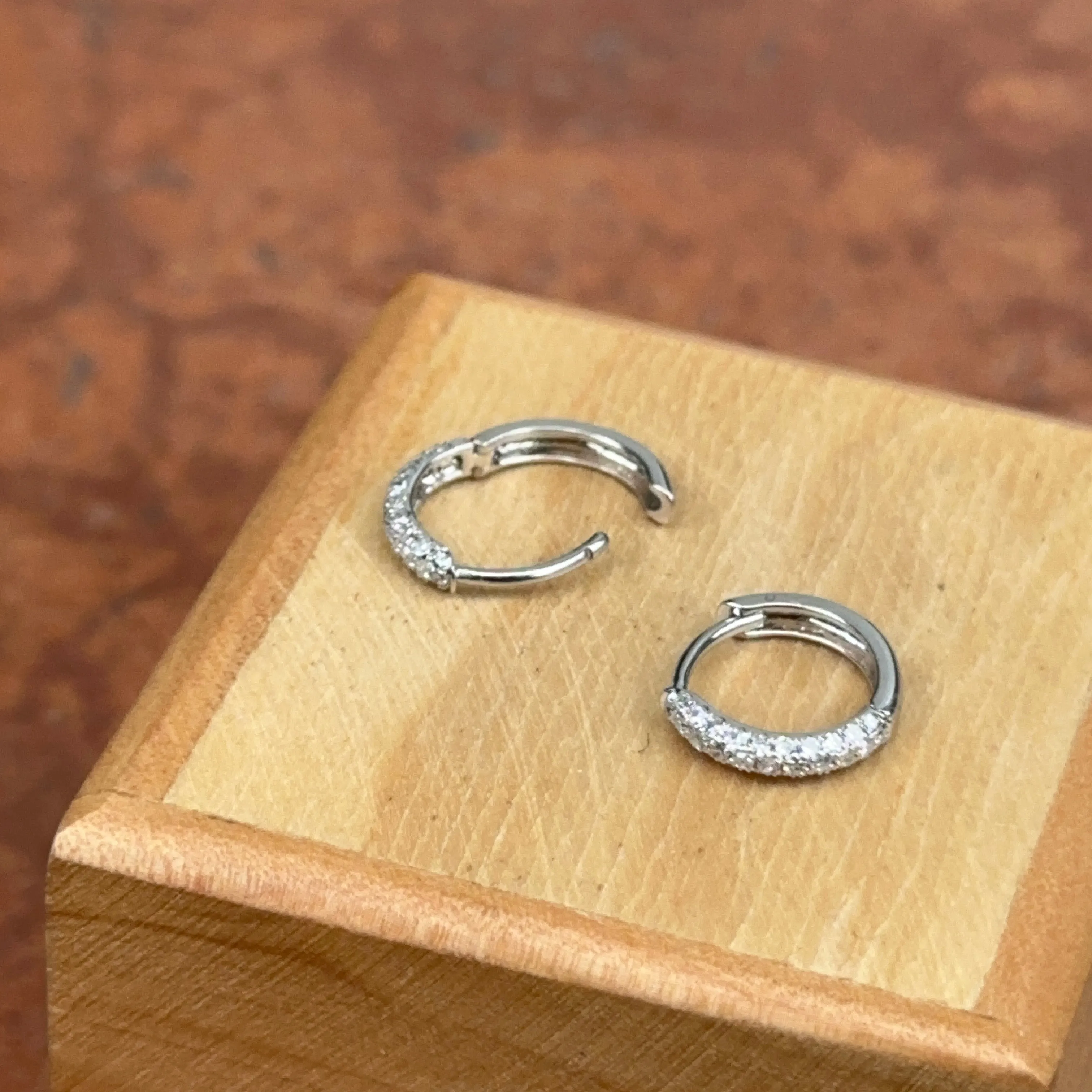 14KT White Gold Natural Pave Diamond Round Huggie Hoop Earrings NEW 2.4mm x 12mm Small Thin Tiny