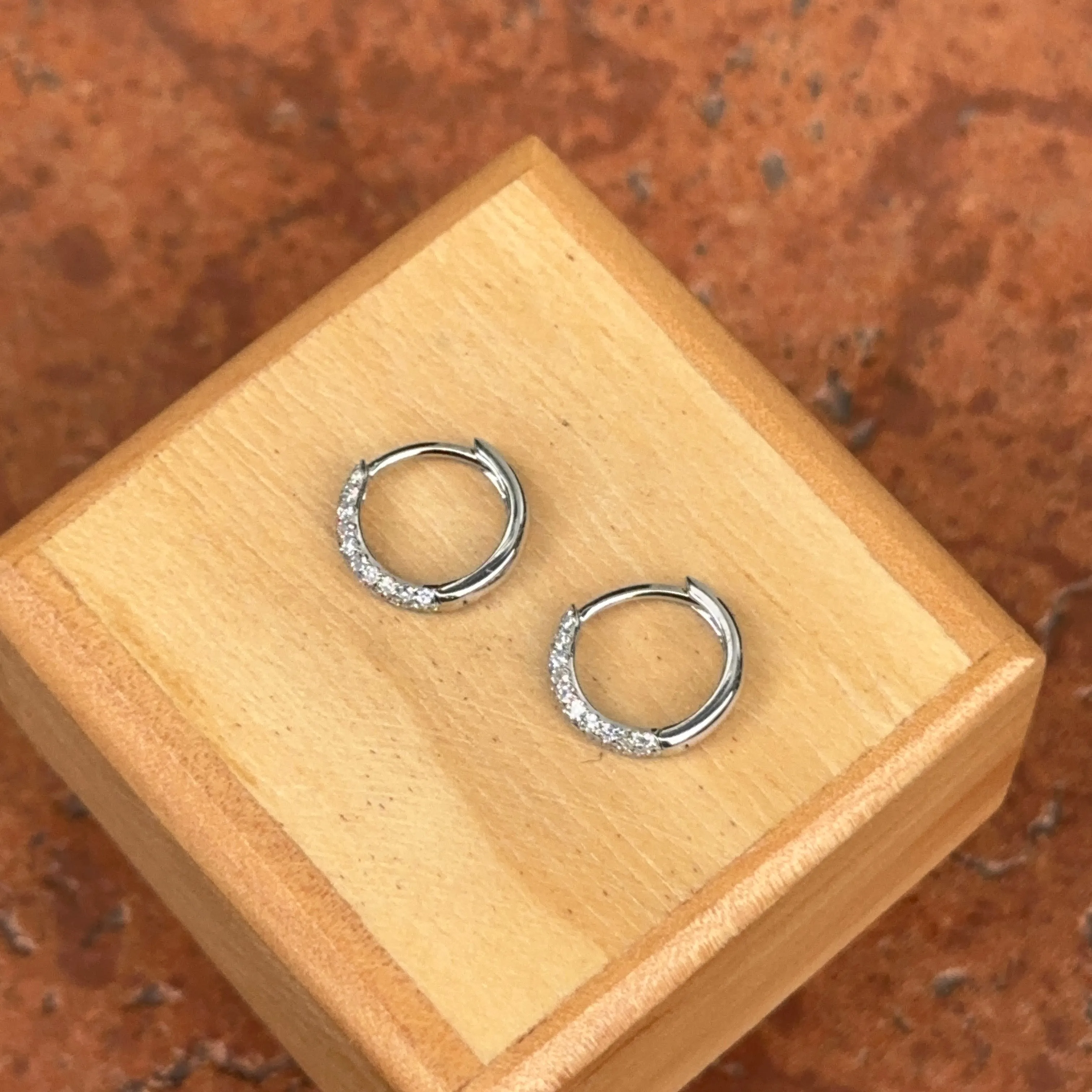 14KT White Gold Natural Pave Diamond Round Huggie Hoop Earrings NEW 2.4mm x 12mm Small Thin Tiny