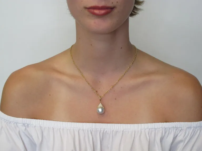 15mm White South Sea Pearl Drop, Diamond Cap, 18k Yellow Gold Pendant w/ Chain