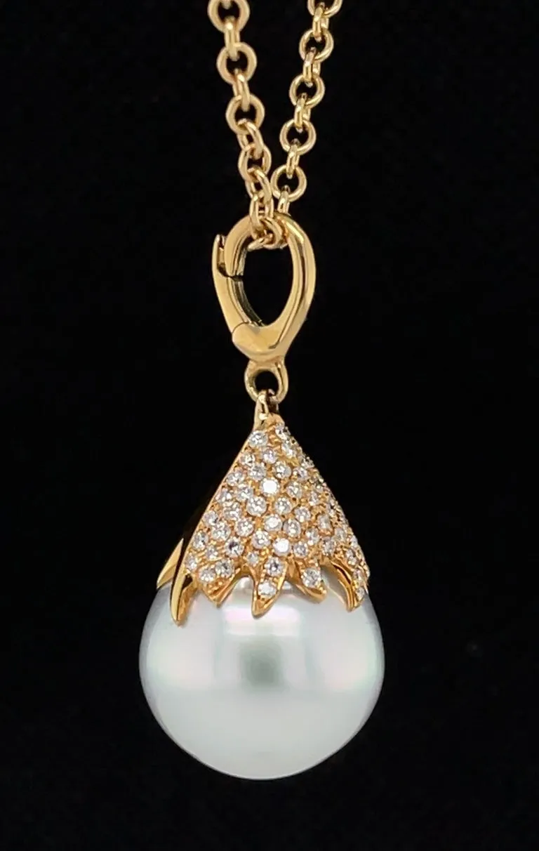 15mm White South Sea Pearl Drop, Diamond Cap, 18k Yellow Gold Pendant w/ Chain