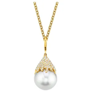 15mm White South Sea Pearl Drop, Diamond Cap, 18k Yellow Gold Pendant w/ Chain