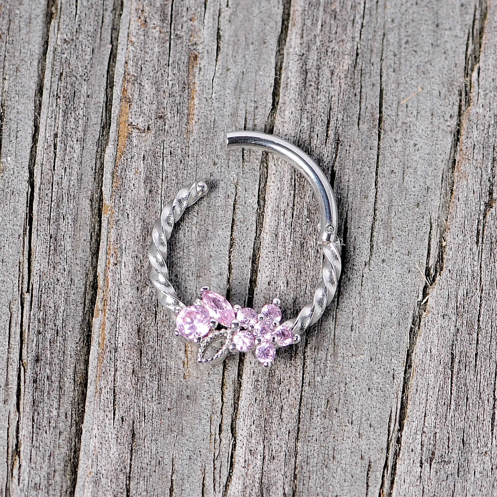 16 Gauge 3/8 Pink Gem Star Twisted Hinged Segment Ring