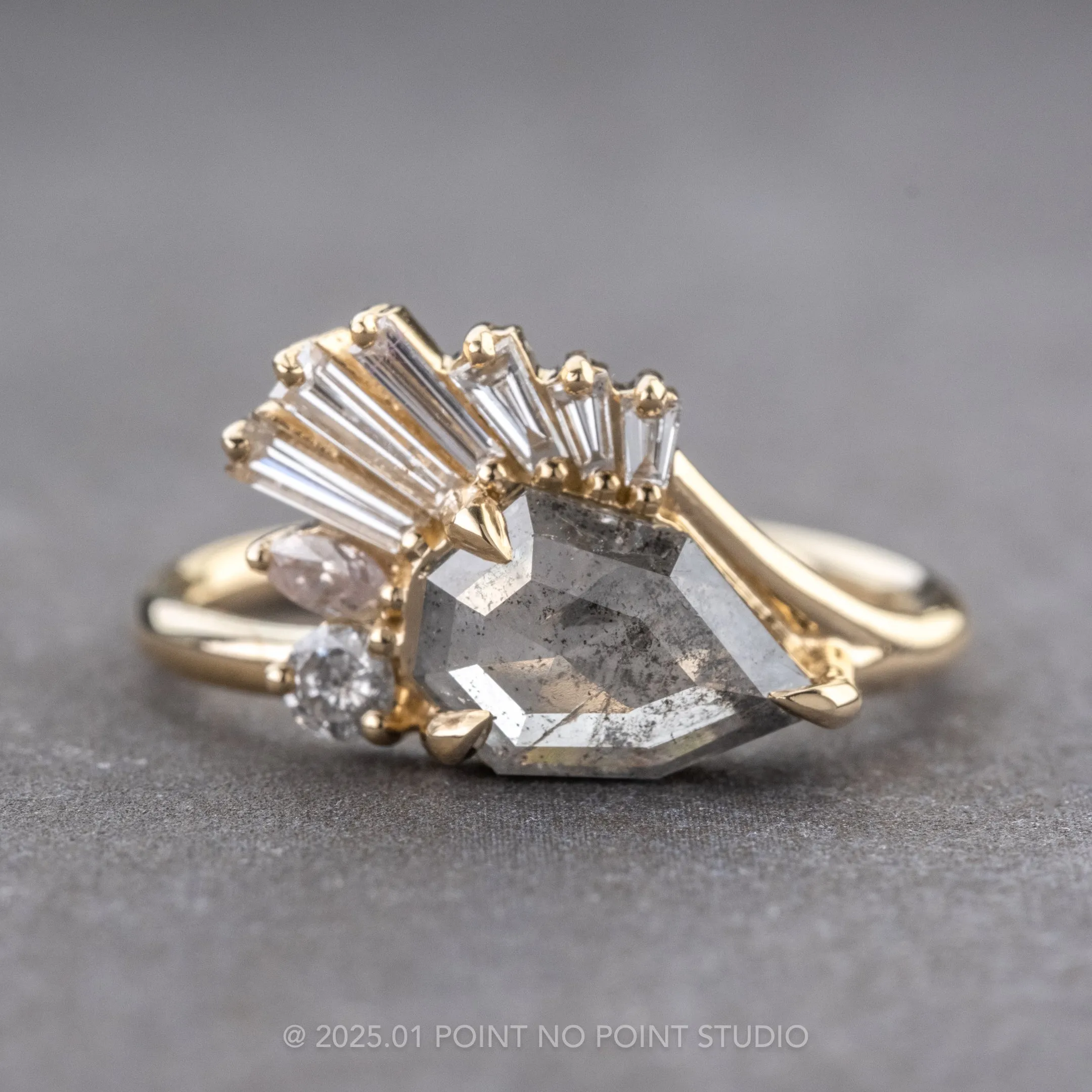 1.79 Carat Salt and Pepper Geo Pear Diamond Engagement Ring, Augur Setting, 14K Yellow Gold