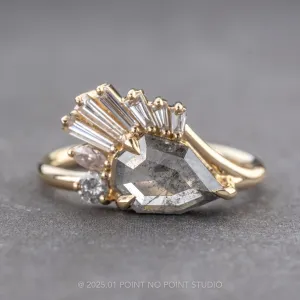 1.79 Carat Salt and Pepper Geo Pear Diamond Engagement Ring, Augur Setting, 14K Yellow Gold