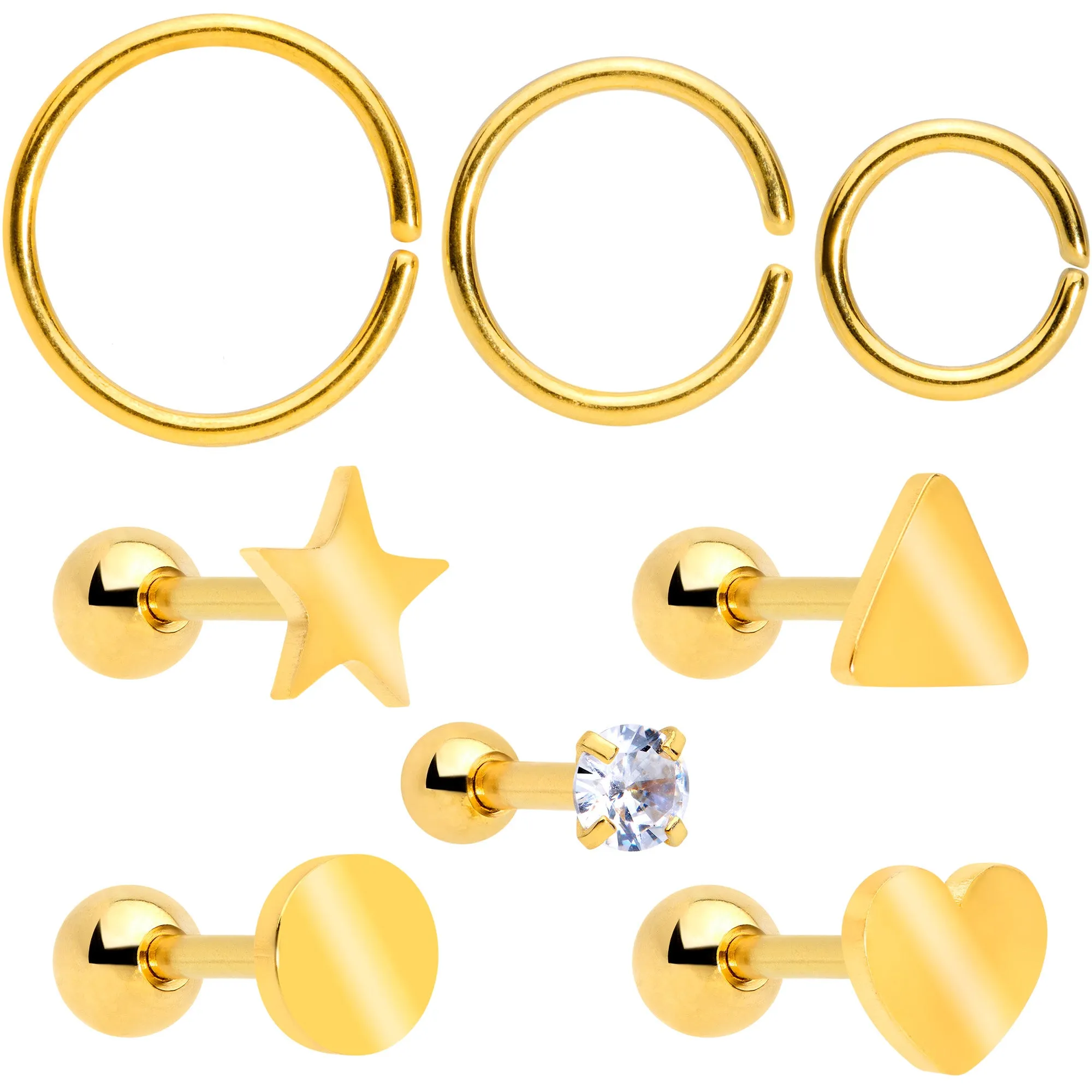 18 Gauge Clear CZ Gem Gold Tone Heart Cartilage Tragus Set of 8