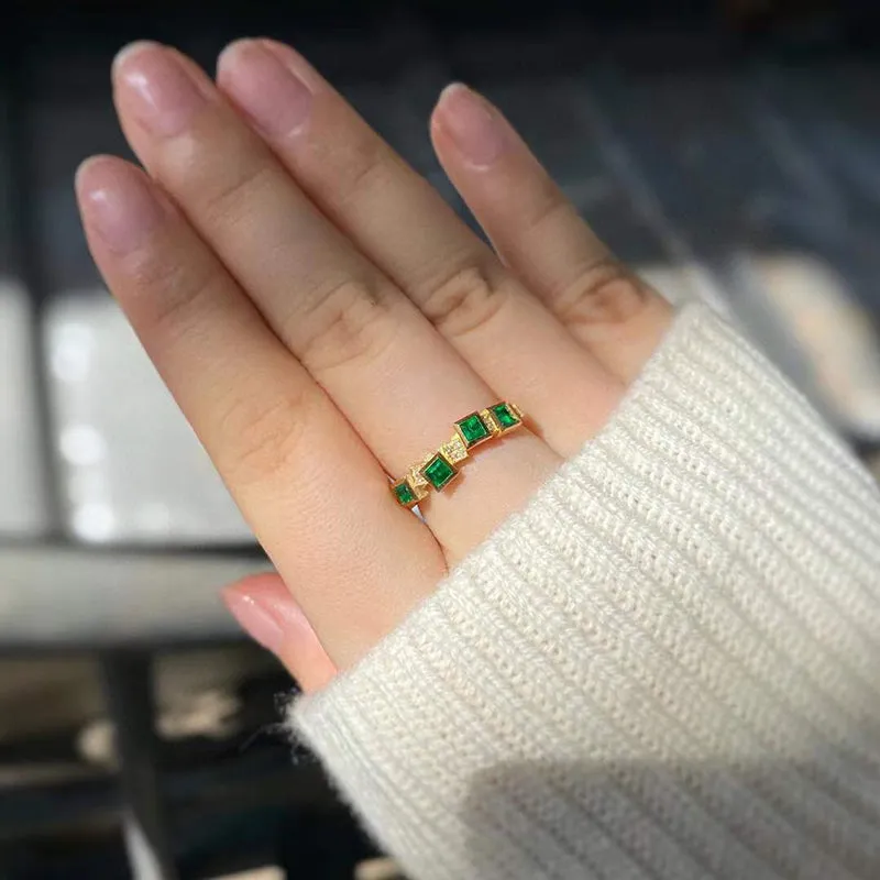 18K Gold 0.35ct Square Cut Natural Emerald Real 0.05ct Diamond Ring