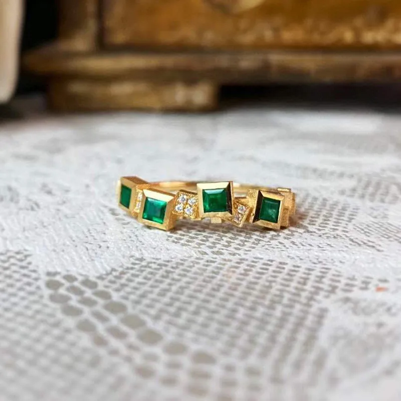 18K Gold 0.35ct Square Cut Natural Emerald Real 0.05ct Diamond Ring