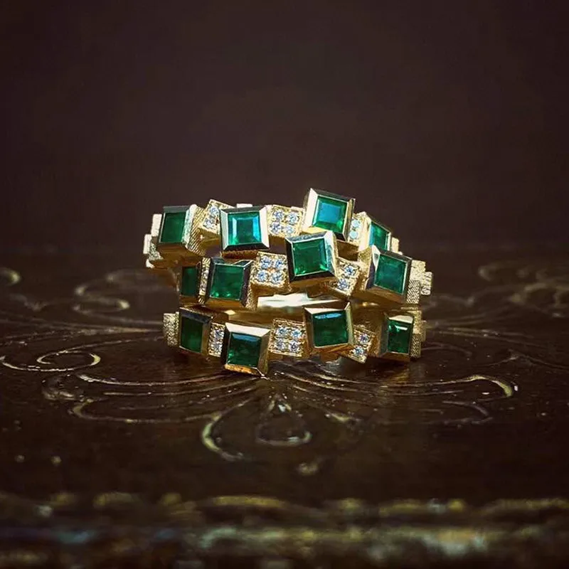 18K Gold 0.35ct Square Cut Natural Emerald Real 0.05ct Diamond Ring